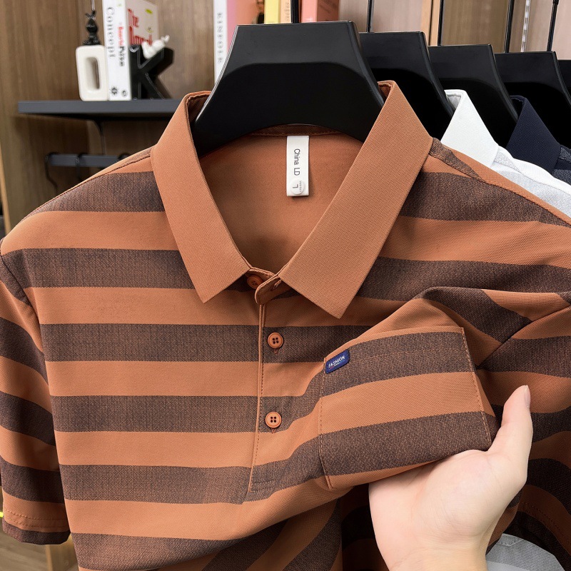 Men's Youth Striped Lapel Pocket Fashion Short Sleeve T-shirt photo 8