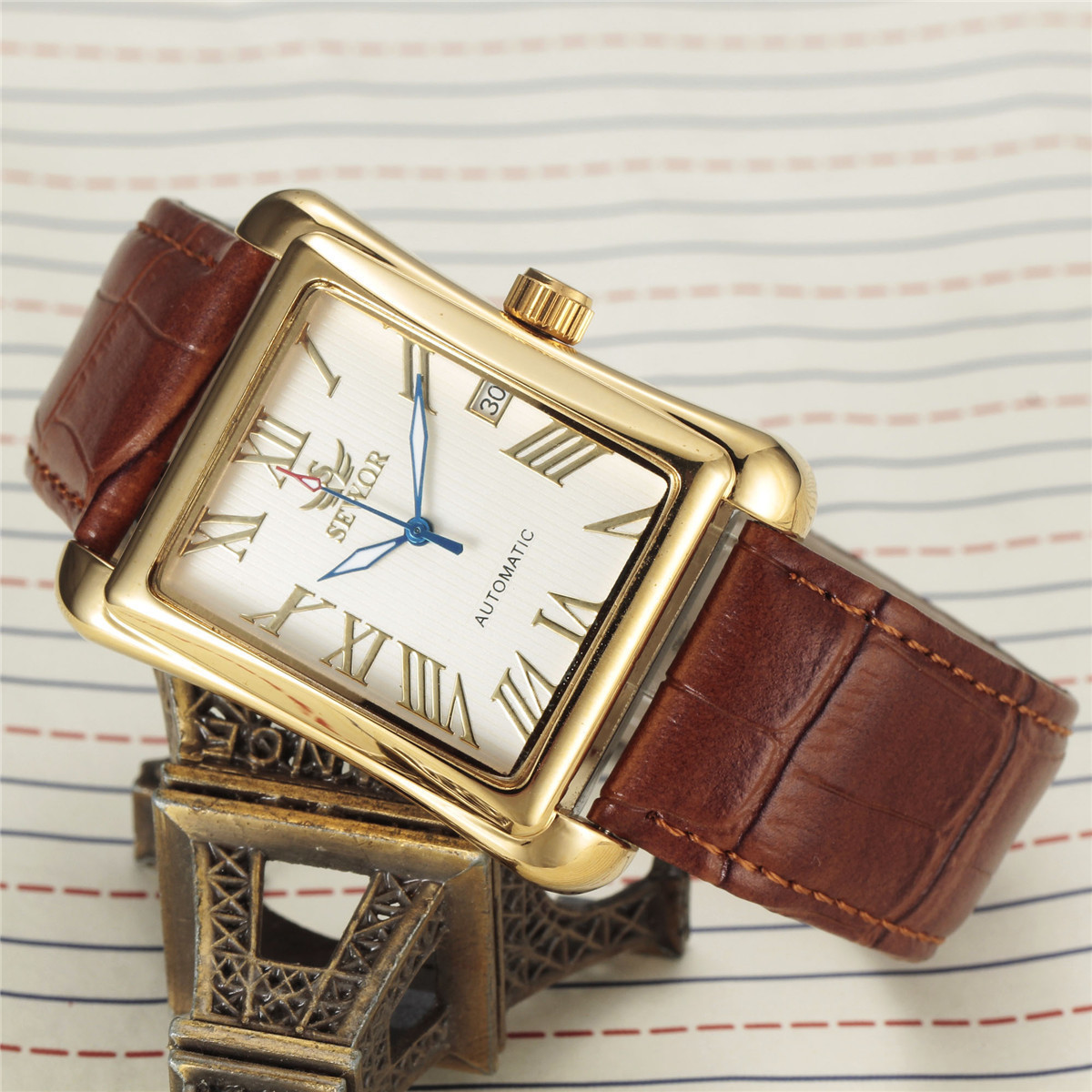 Mens Automatic Mechanical Square-case Leather-strapped Mens Watch Calendar Wristwatch photo 8