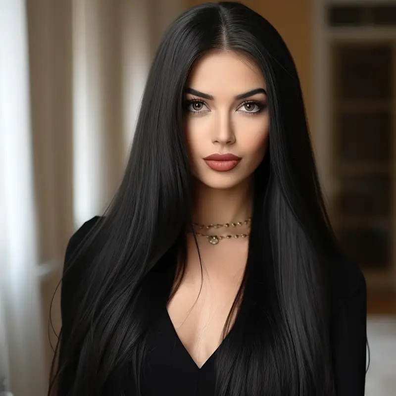 Mid-length Long Hair Black Long Straight Daily Full-head Wig Style photo 5