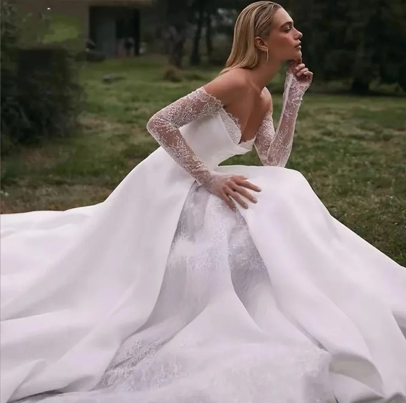Long Sleeve Off Shoulder Wedding Dress Elegant Train Bridal Gown For Ceremony Reception photo 2