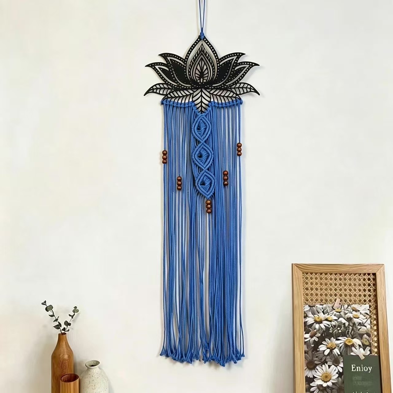 Bohemian Lotus Woven Iron Tapestry with Tassels - Handmade Cotton Rope Wall Hanging for Living Room and Guesthouse Decor photo 4