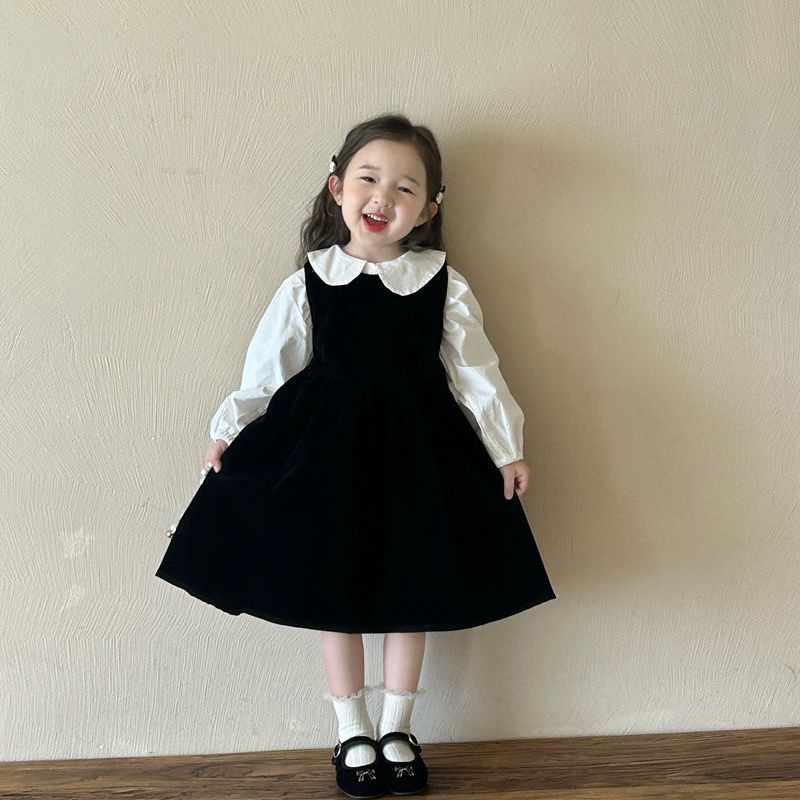 Children's Doll-collar Shirt And Black Vest Dress Set photo 1
