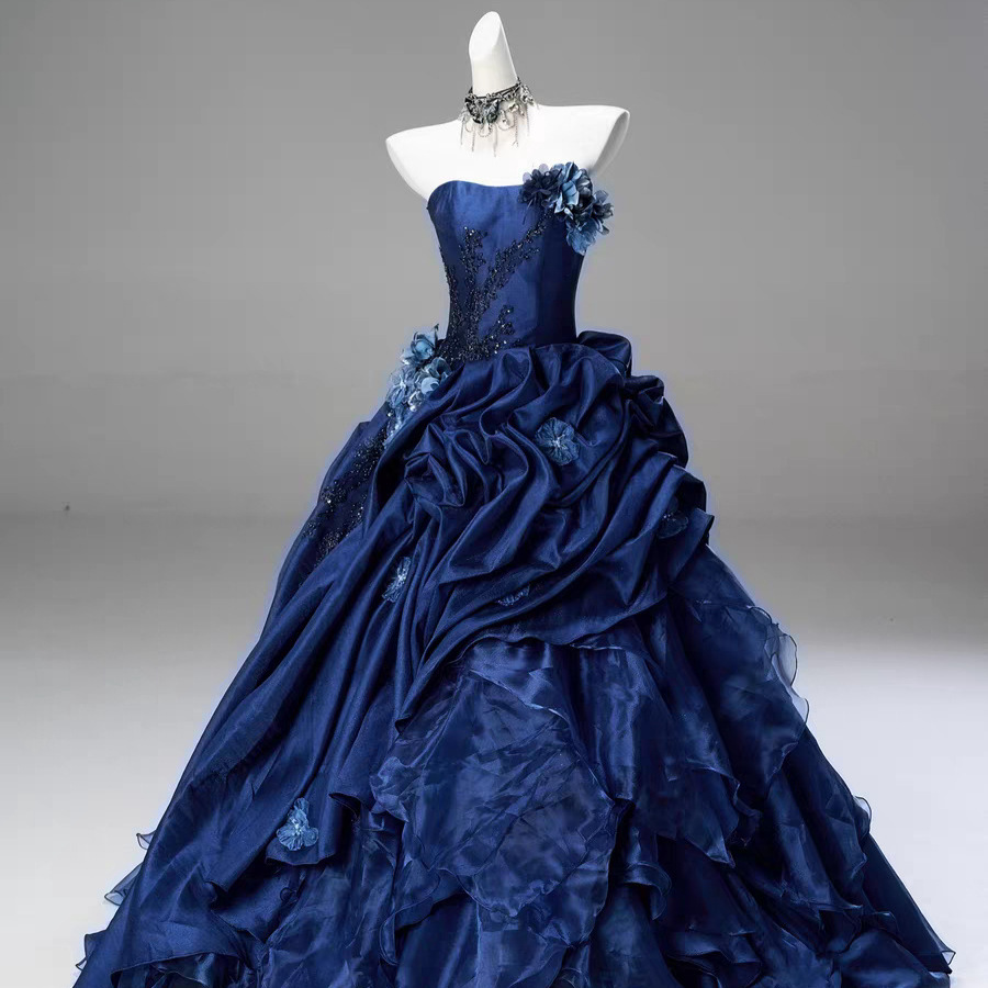 Blue High-end Intricately Embellished Strapless Ball Gown For Evening Events And Banquets photo 1