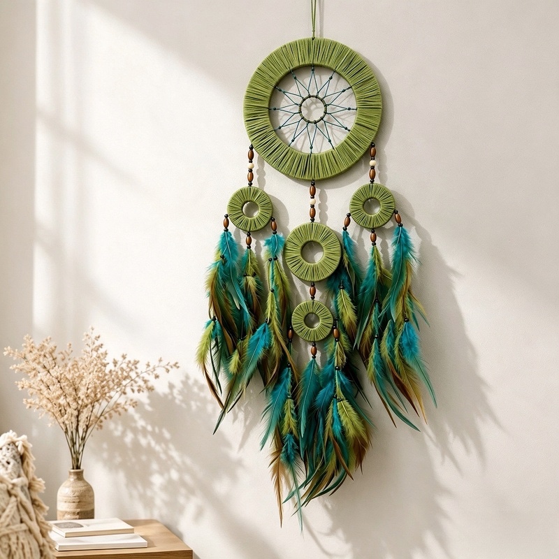 Forest Green Bohemian Five Ring Dreamcatcher - Feather Wall Hanging Decor for Home Bedroom Nursery photo 1