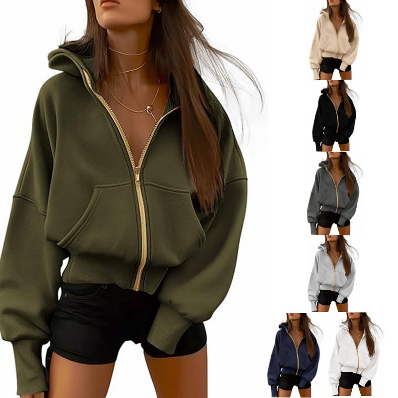 Women's Zip-Up Hooded Long-Sleeved Short Hoodie Jacket photo 8