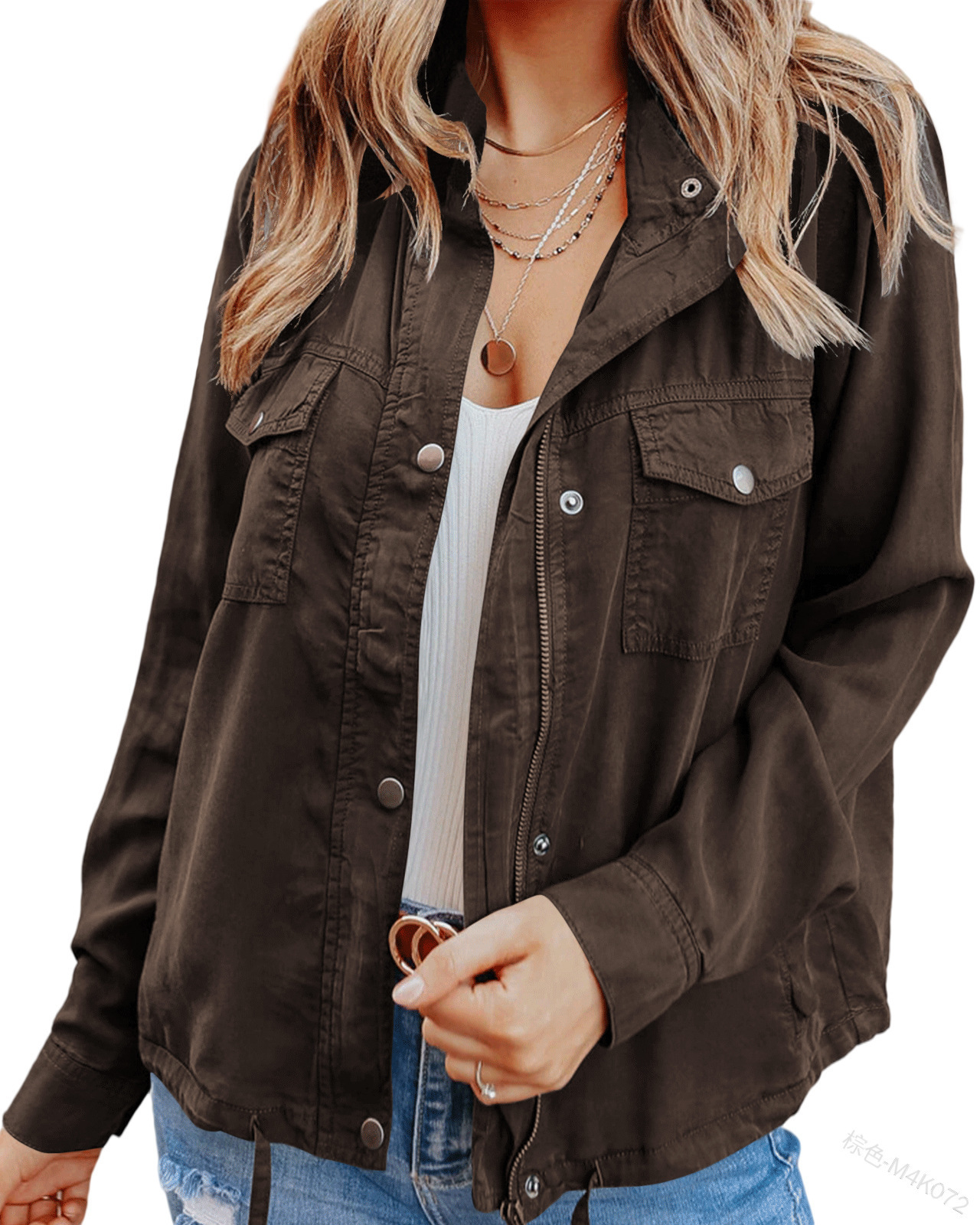 Dark-button Long-sleeved Pocket Drawstring Jacket photo 5