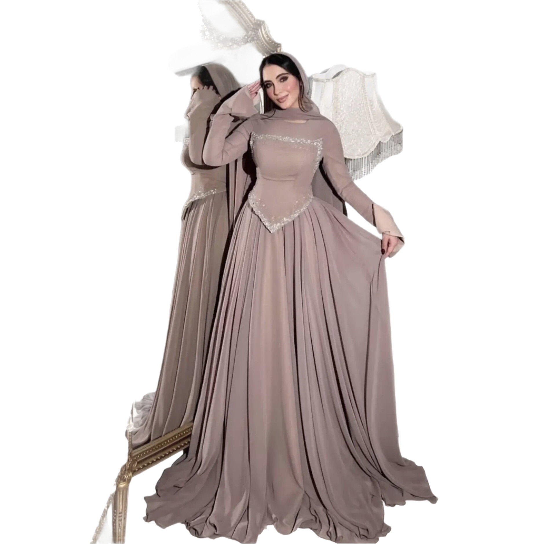 Elegant Long-Sleeve Rhinestone-Embellished Evening Gown photo 3