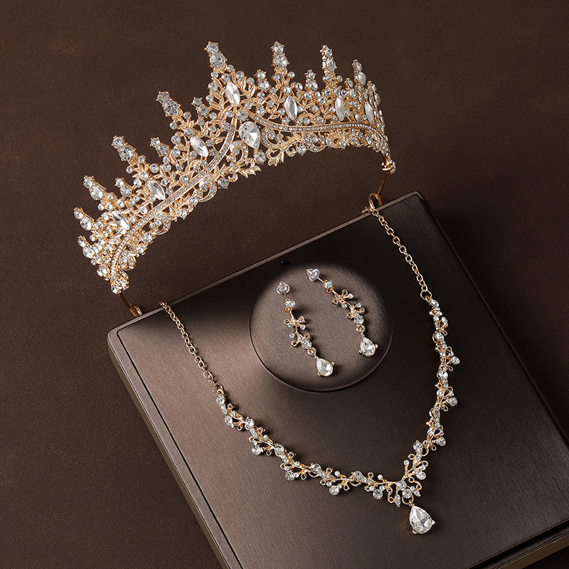 Crown Headdress Necklace Earrings Champagne Gold Vintage photo 1