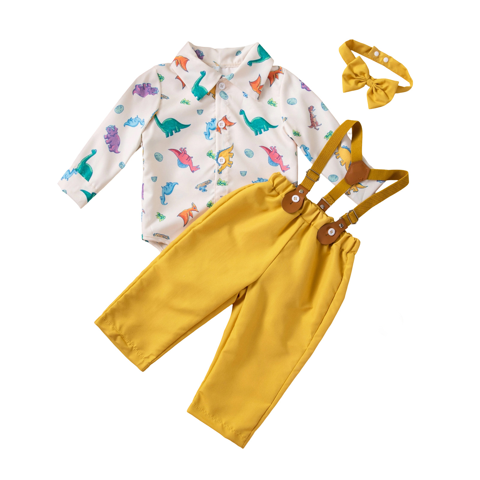 Gentlemans Outfit For Boys Dinosaur-print Shirt With Yellow Suspender Trousers And Bow Tie photo 5