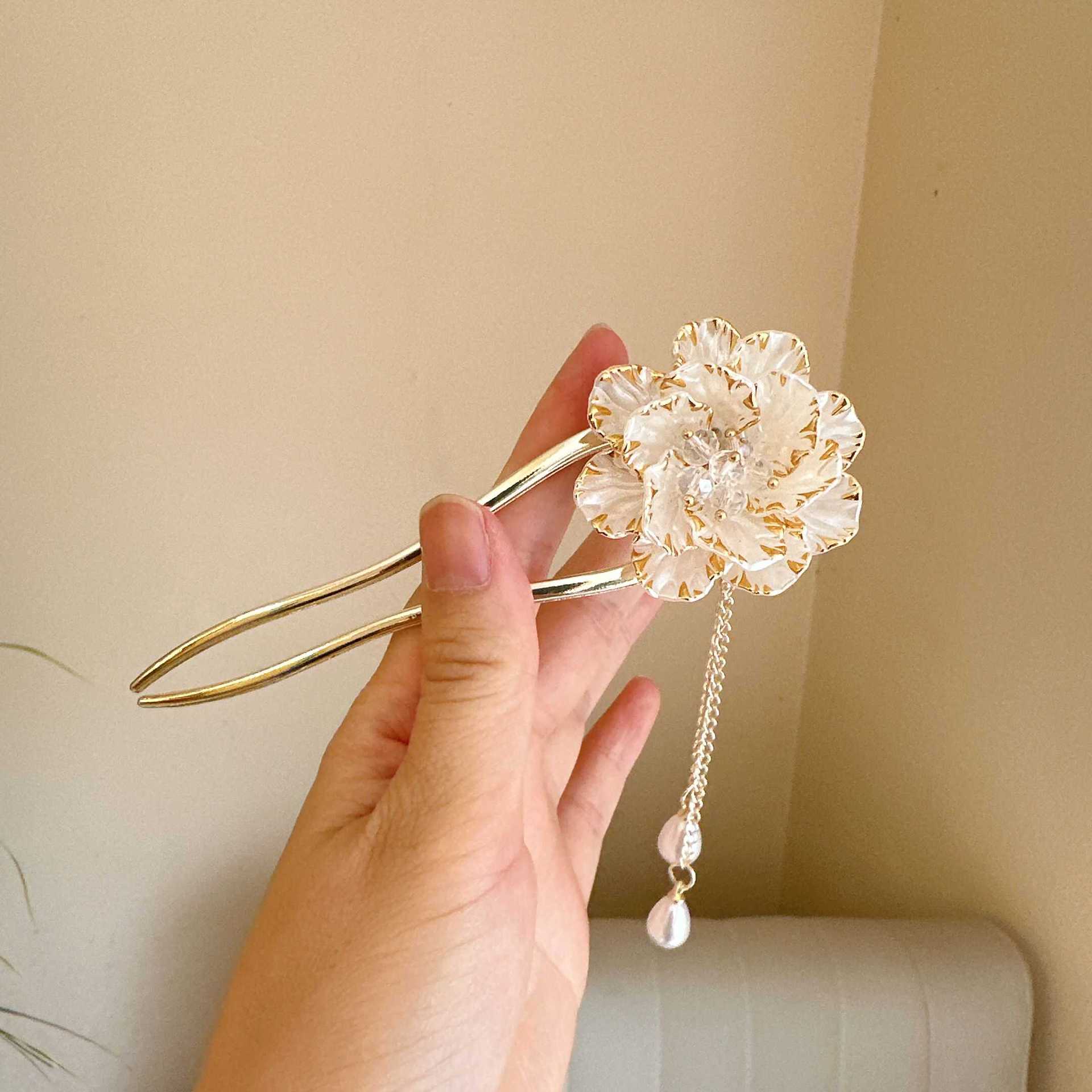 Female Retro Exquisite Peony Flower Tassel U-shaped Hairpin photo 5