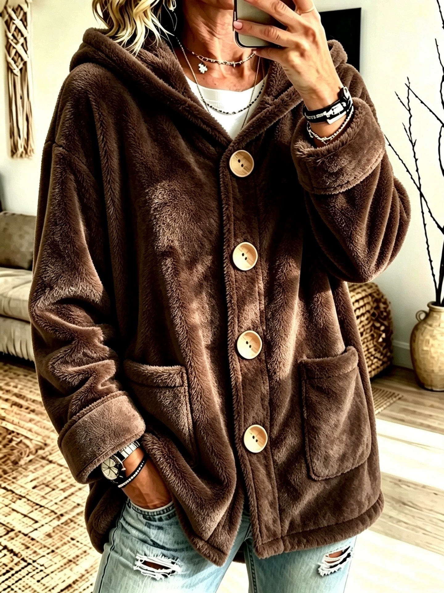 Hooded Velvet Outerwear Loose-fitting Cardigan Top photo 8