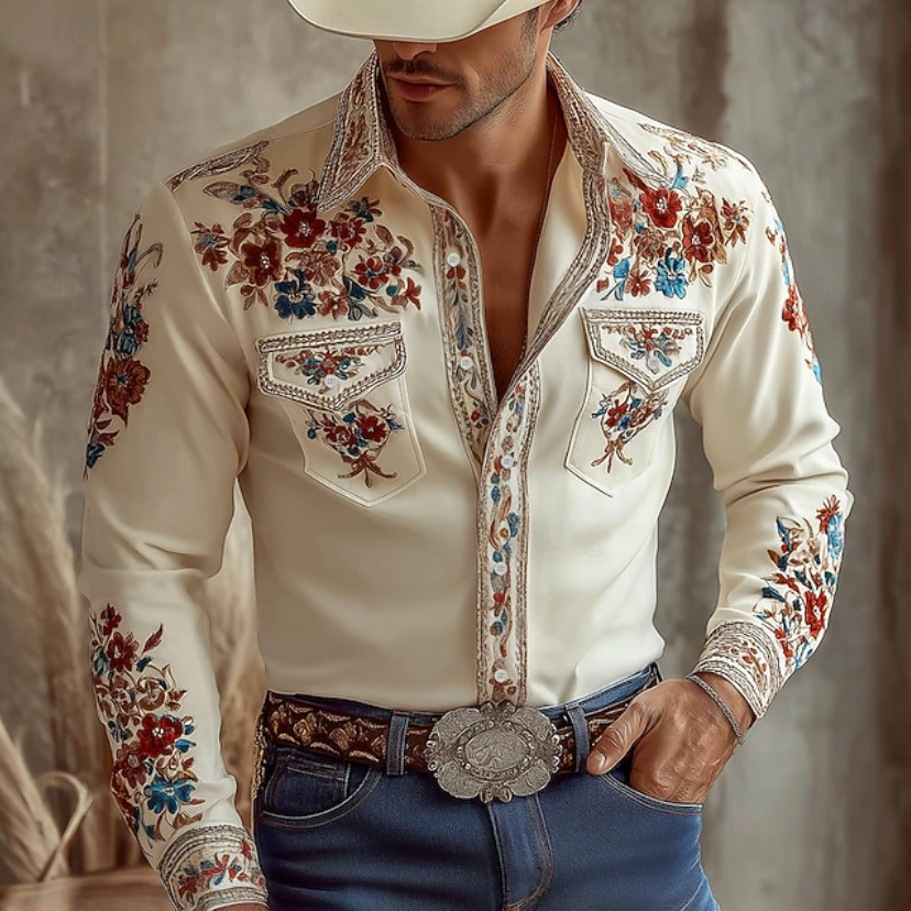 Western Cowboy Style Men's Spring And Autumn Long Sleeve Shirt Stand Collar Shirt photo 3