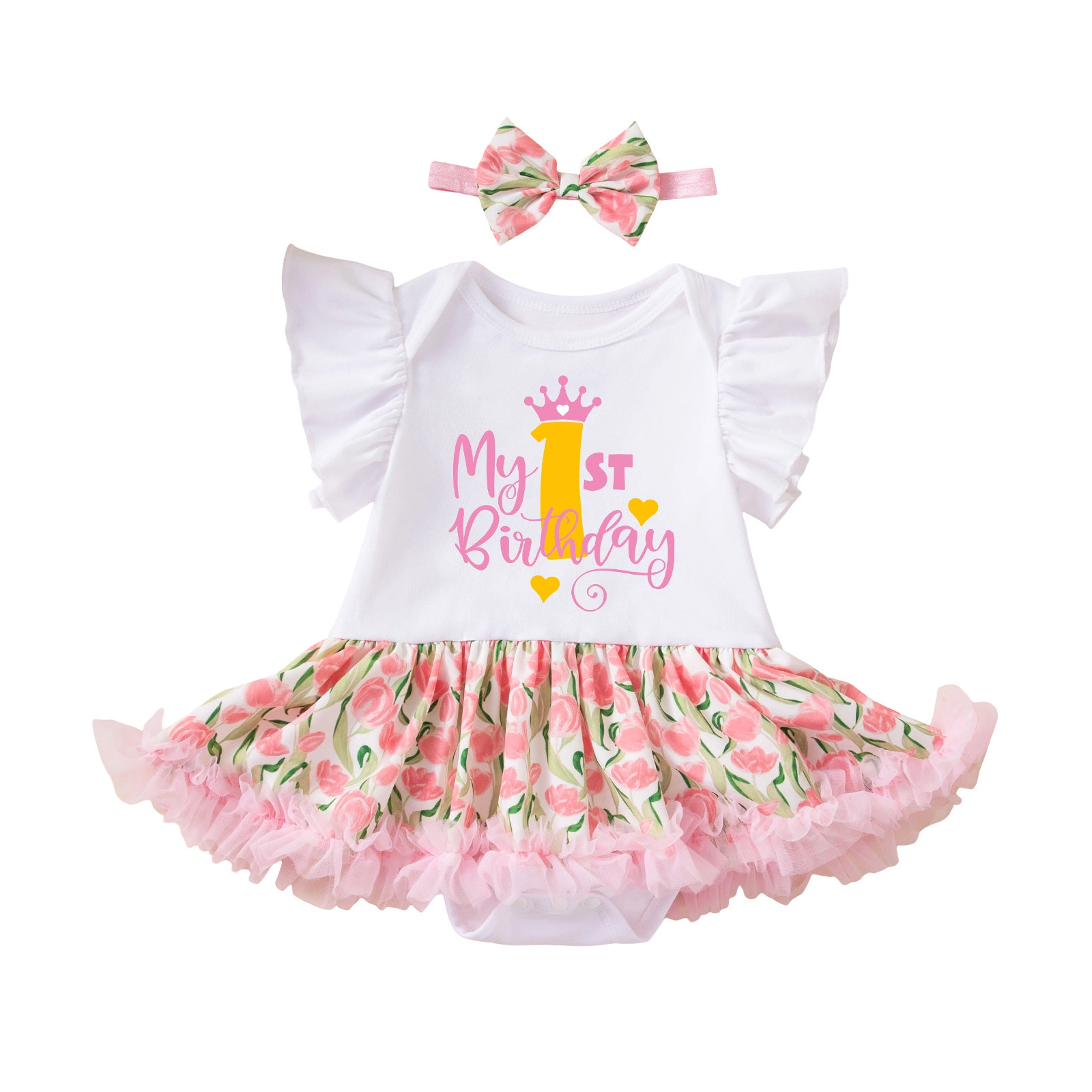 Birthday Outfit Flutter-Sleeve Romper Crawling Suit PP Pants And Bow Headband Set photo 5