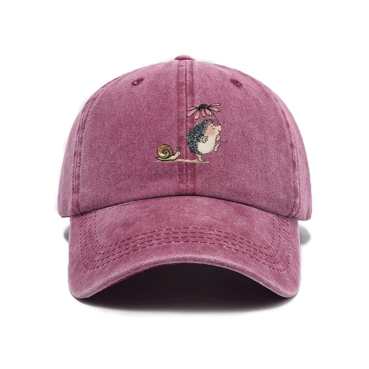Simple Cartoon Hedgehog And Snail Print Washed Out Vintage Baseball Cap photo 2