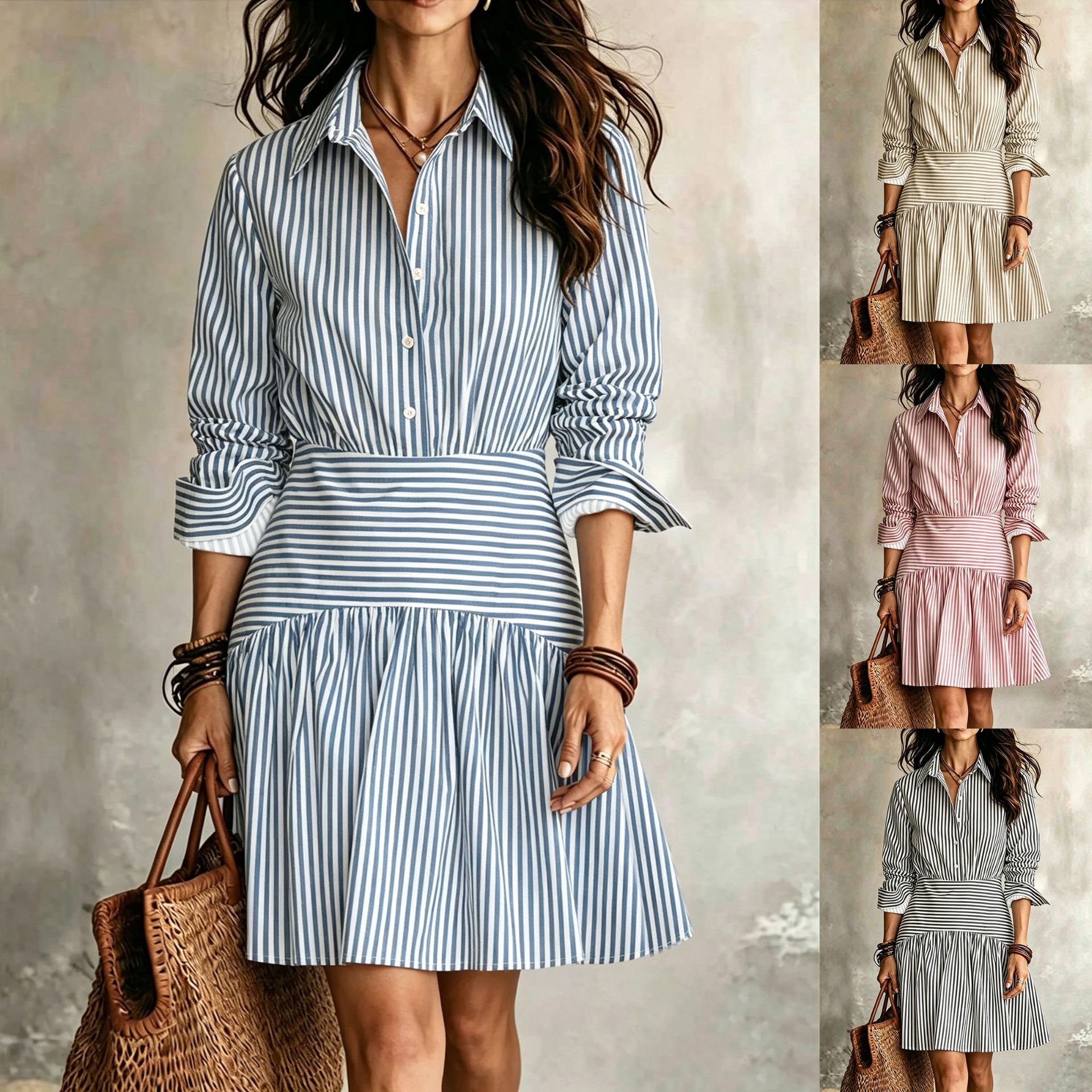 Womens Collared Striped Shirt Casual Dress photo 1