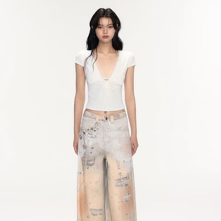 Painted Vintage Wide-leg Loose-fit American-style Floor-length Jeans photo 5