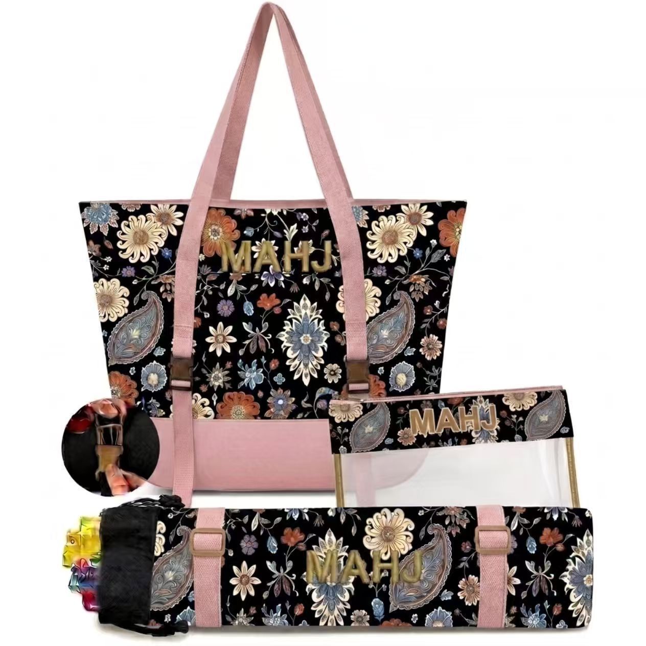 Retro Paisley Floral Embroidered Mahjong Storage Three-Piece Makeup Bag Set photo 6