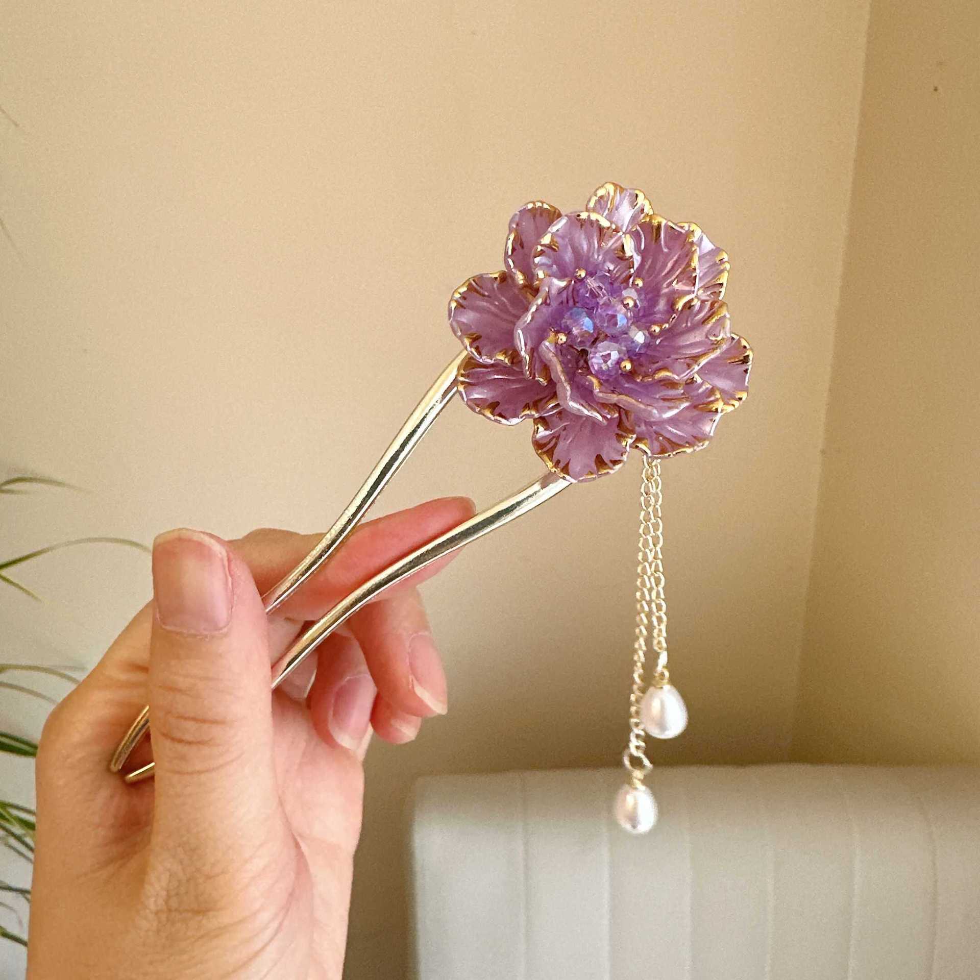 Female Retro Exquisite Peony Flower Tassel U-shaped Hairpin photo 3