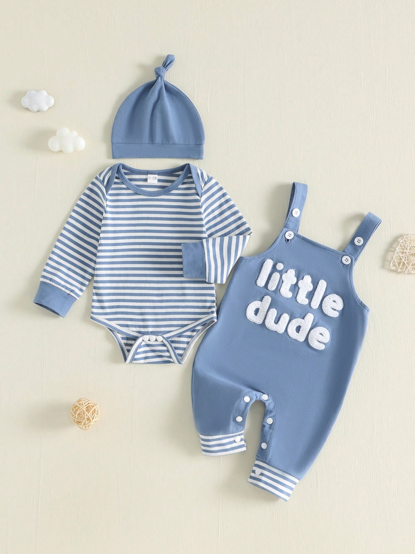 Baby And Toddler Striped Long-sleeve Romper Suspender Pants And Hat Set photo 4