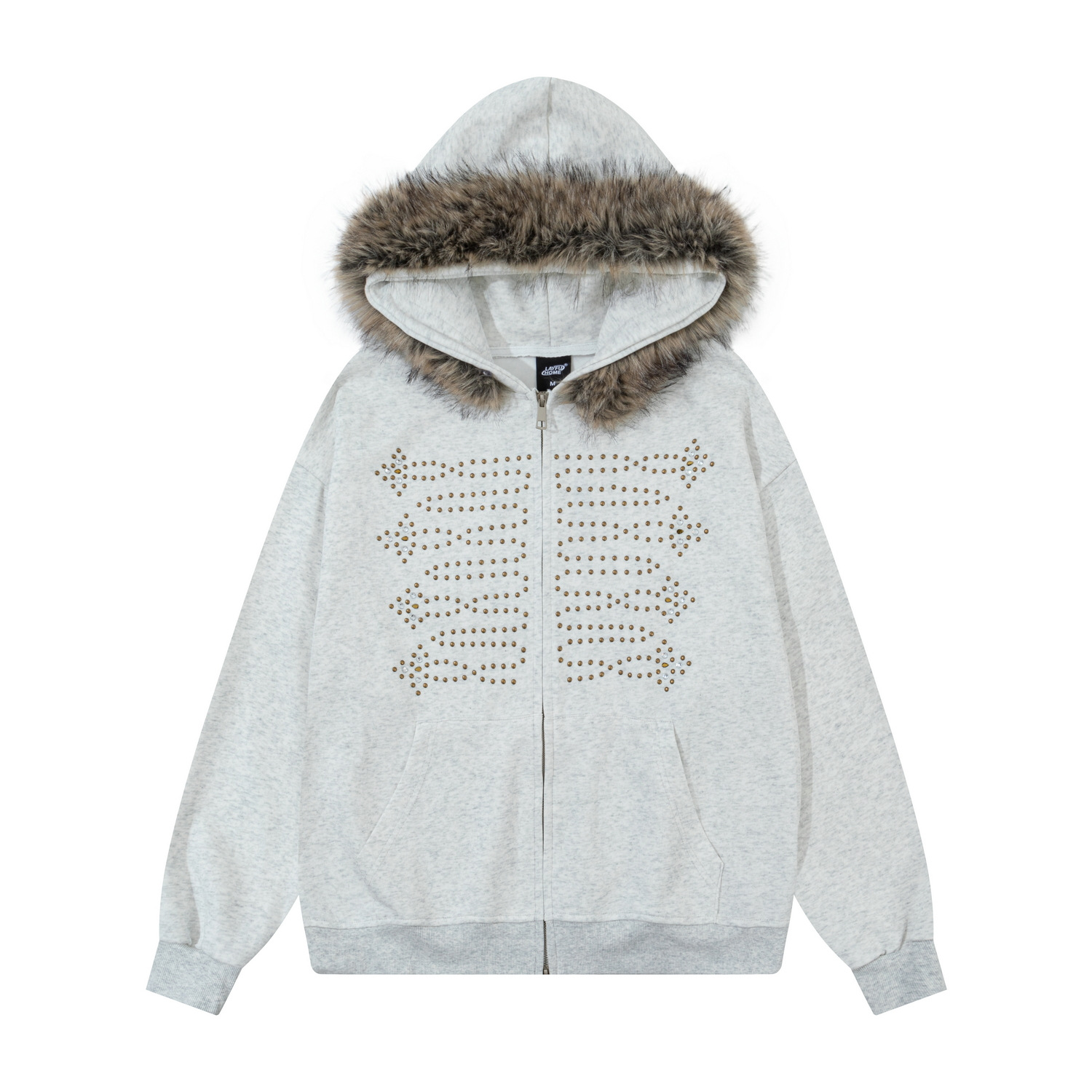 Detachable Fur Collar Rhinestone Detailing Washed Finish Zip-up Hoodie photo 7