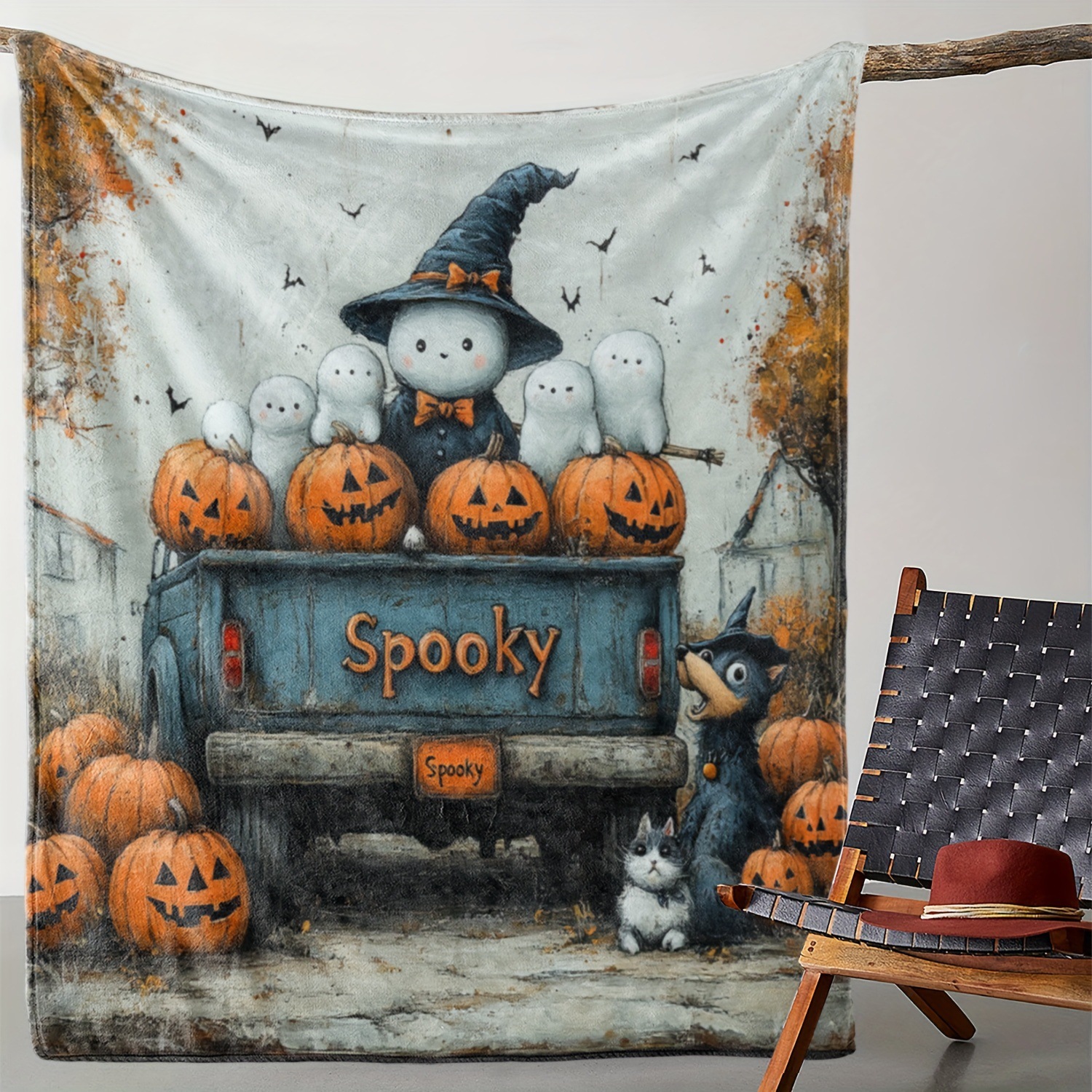 Flannel Blanket Halloween Cute Cat Pumpkin Design Party Decorative Blanket photo 4