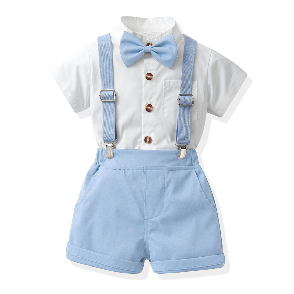 Boys Candy-Colored Stand-Neck Short-Sleeve Suspender Pants Set photo 3