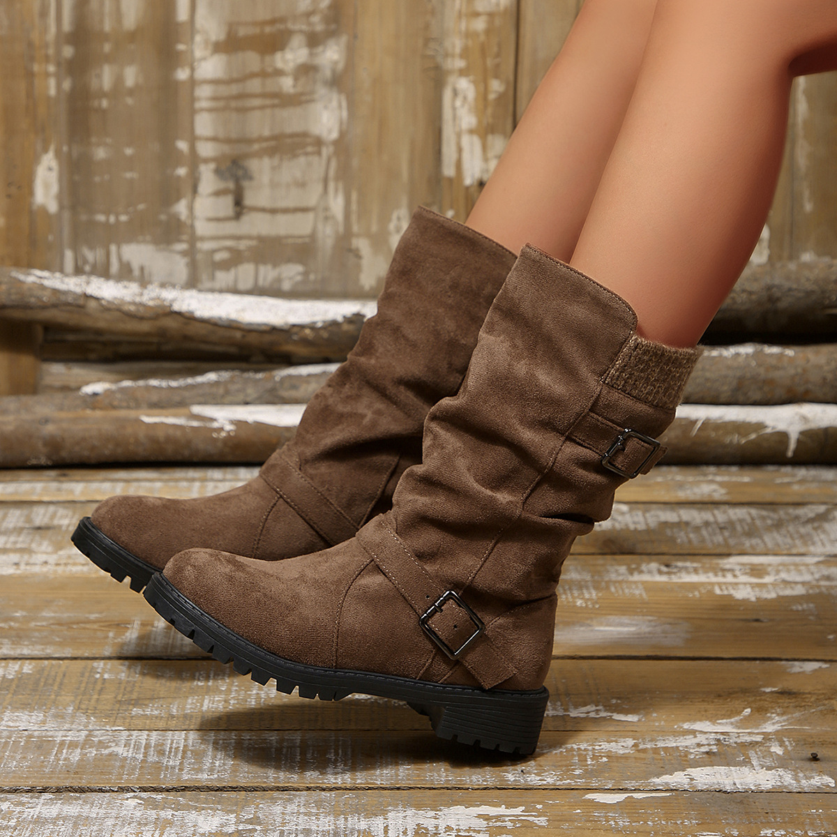 Cuffed Pleated Knit Ankle Boots With A Round Toe And Square Heel For Women photo 3