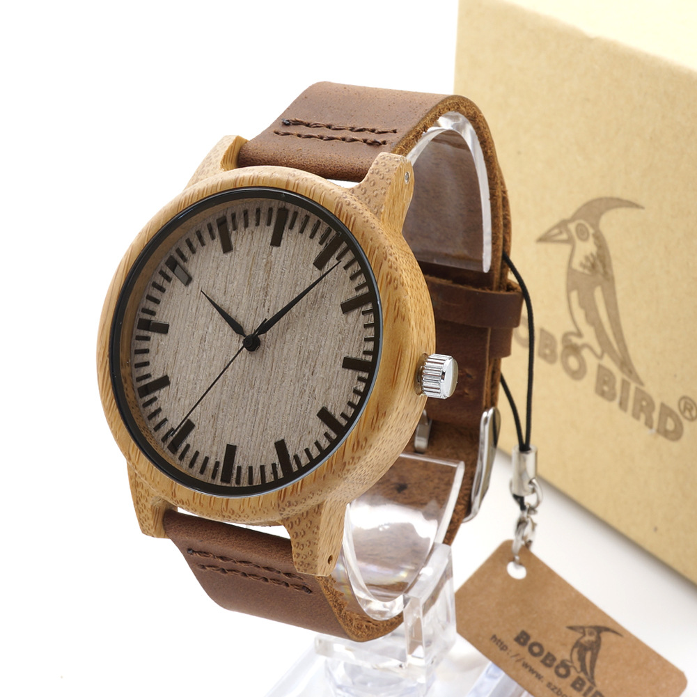 Single-bamboo Wooden-layer Cowhide Mens Wooden Watch photo 3