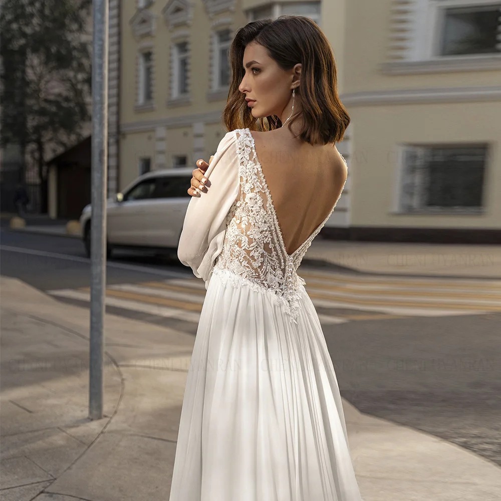 French-style V-neck Long-sleeved Lace Light Wedding Dress photo 2