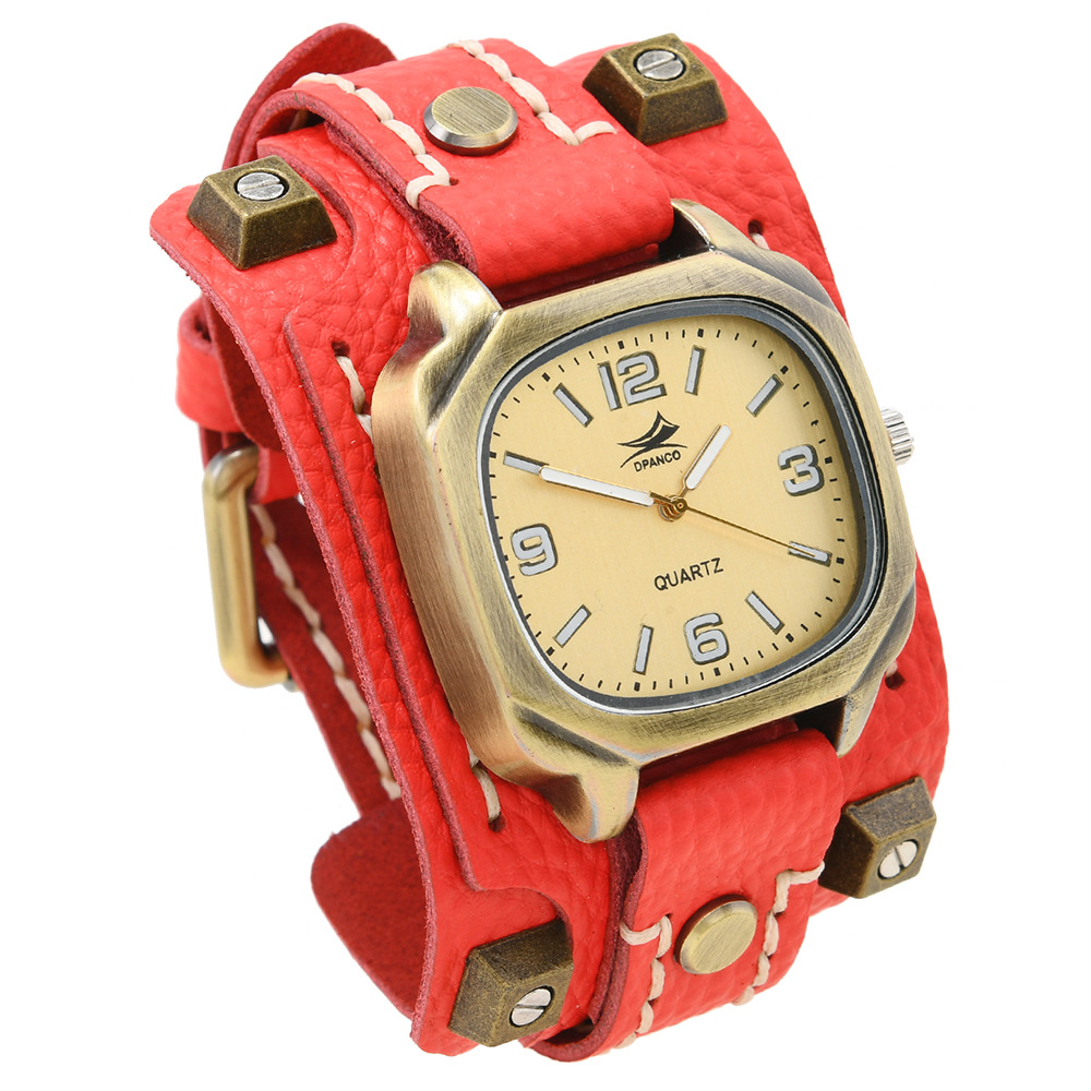 Vintage Studded Leather Watch Bracelet Adjustable Hand-stitched Cuff photo 8