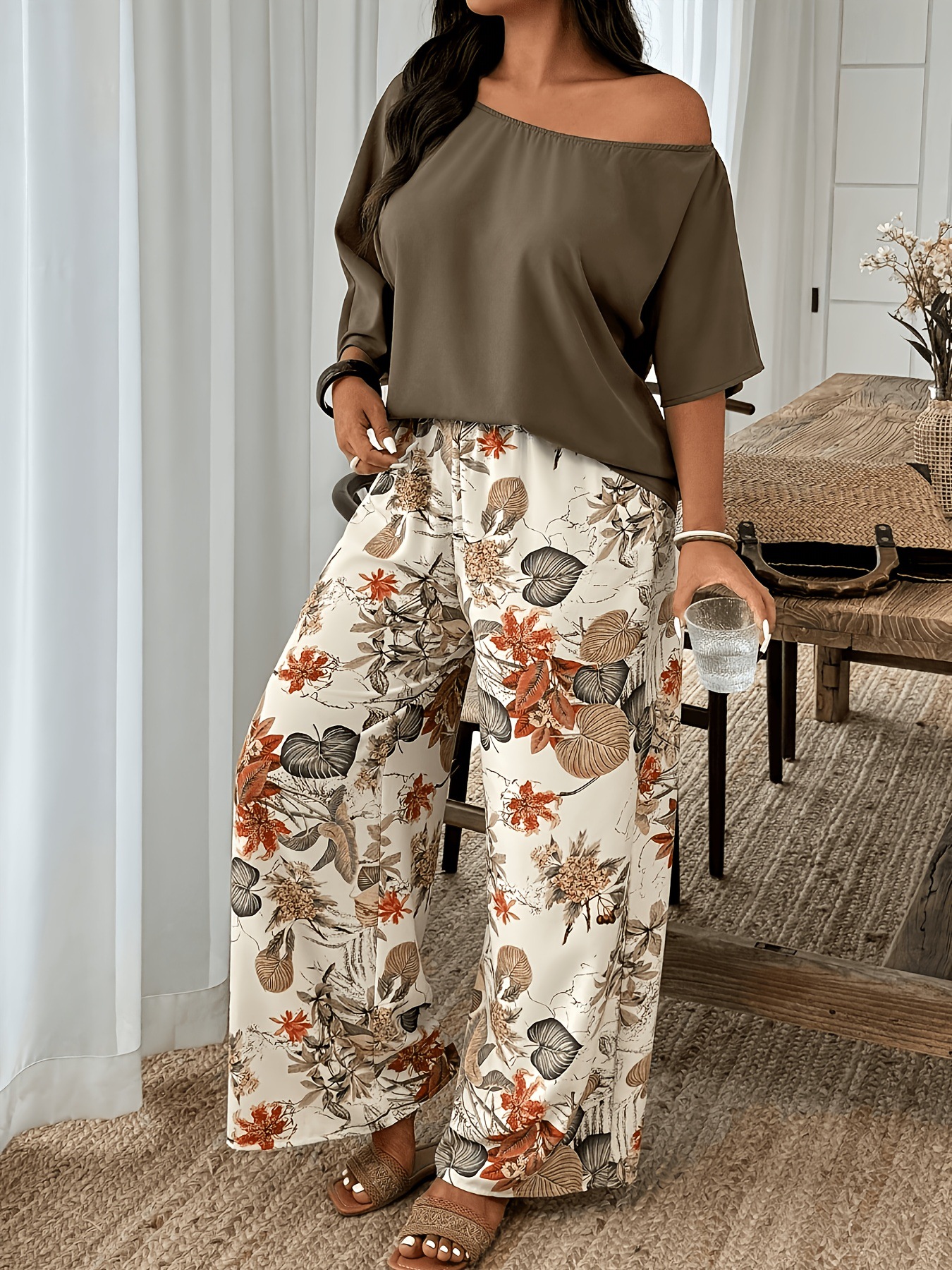 Casual Womens Set Featuring Plant And Floral Print Wide-leg Pants photo 3