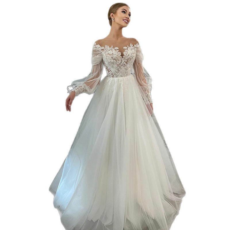One-shoulder Long-sleeved Waist-cinching Figure-flattering Ball Gown Bridal Wedding Dress photo 2