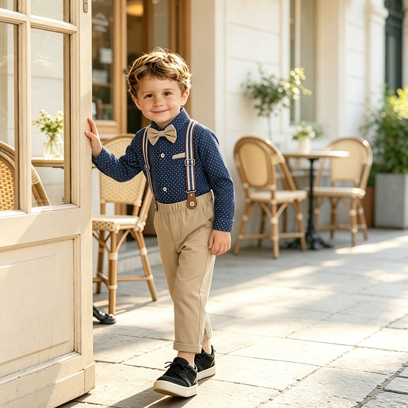 Long-sleeve Bow Tie Overalls Chic Boys Outfit photo 3