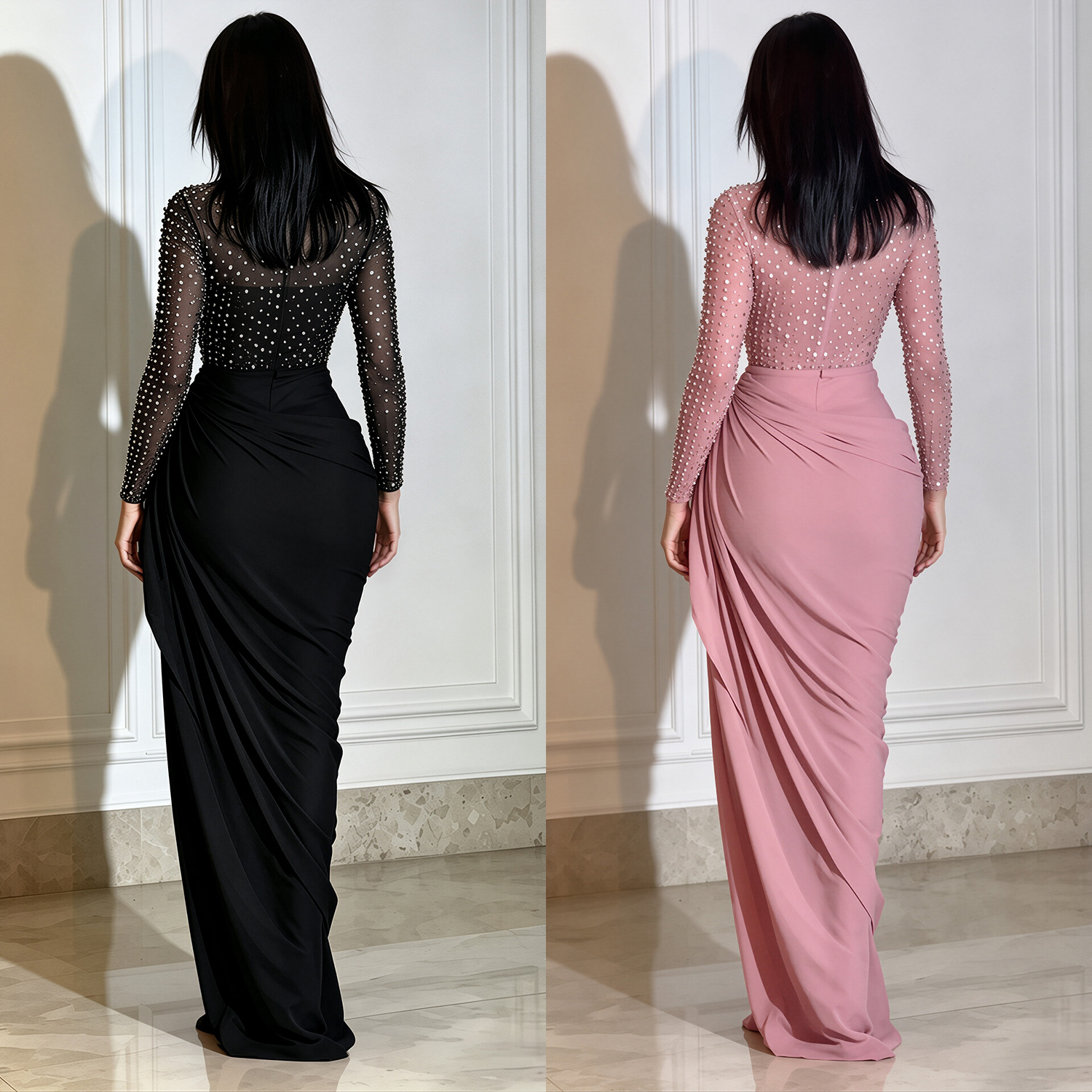 Mesh Long-sleeve Pleated Bodycon Sheath Dress photo 4