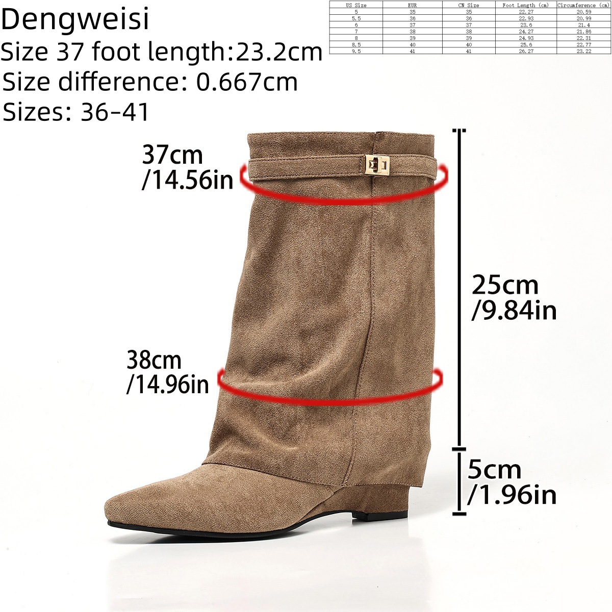 European And American-style Suede High-heeled Boots With A Tapered Leg Metal Buckles Pointed Toe And Pleated Detailing photo 6