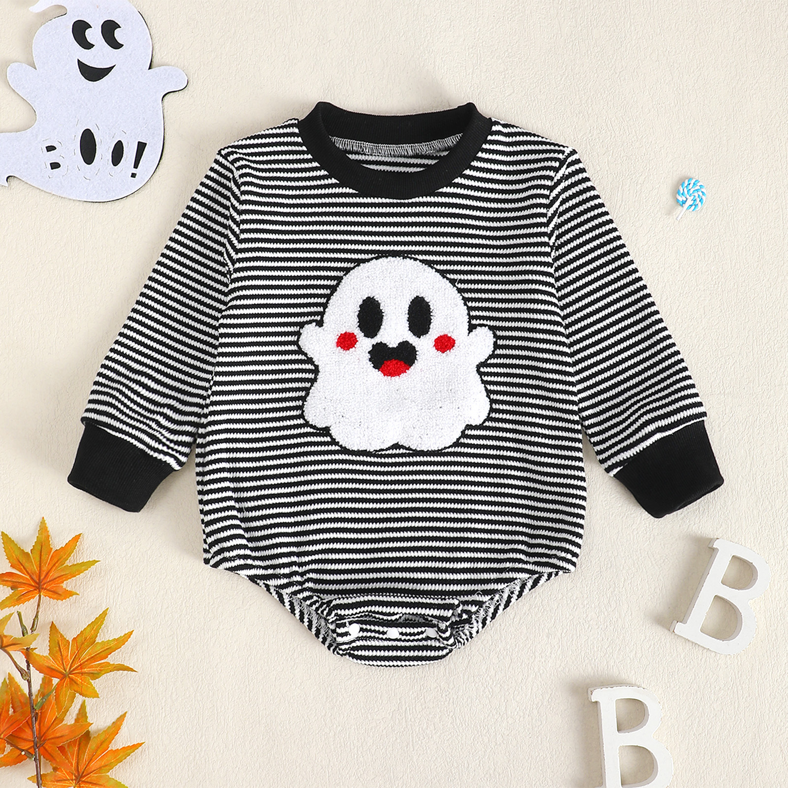 Baby Girl Waffle Knit Striped Long Sleeve Romper with Ghost Embroidery photo 5