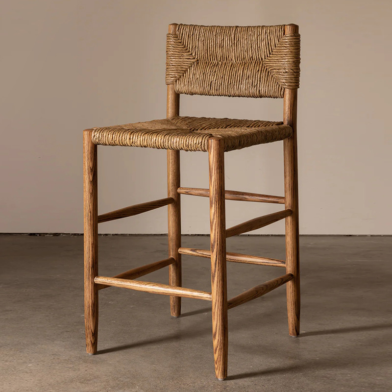 Retro Woven Bar Chair Solid Wood Dining photo 2