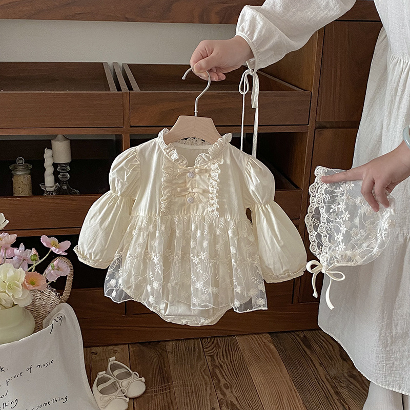 Sweet Baby Clothes Bodysuit, Pinafore Dress, Long-sleeve Soft Lace Romper, And Hat photo 5