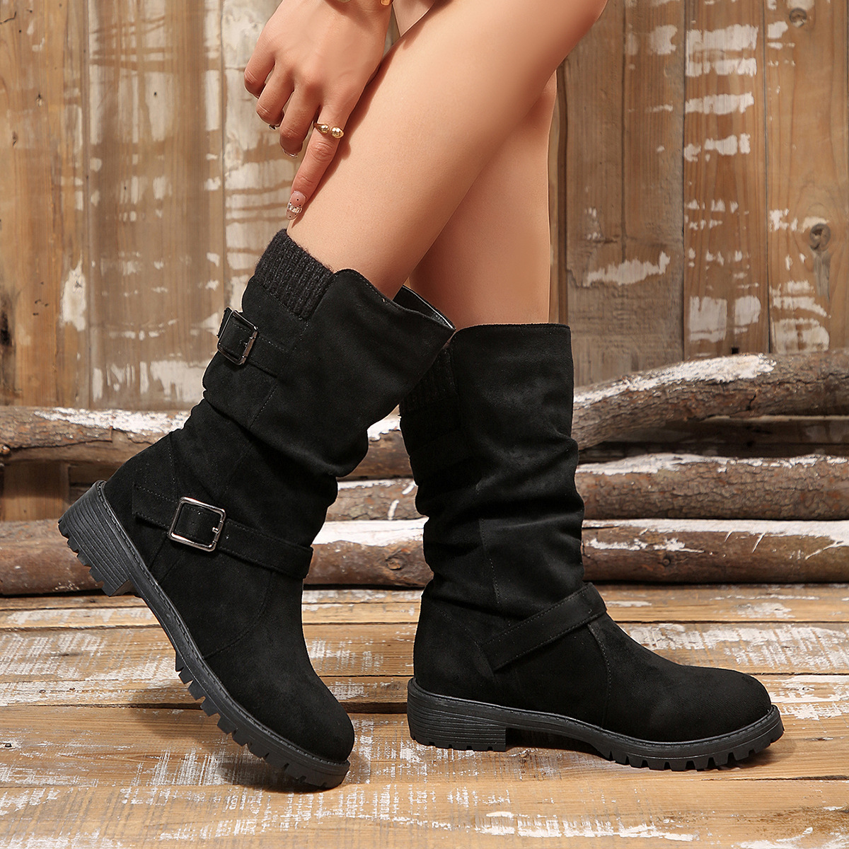 Cuffed Pleated Knit Ankle Boots With A Round Toe And Square Heel For Women photo 6