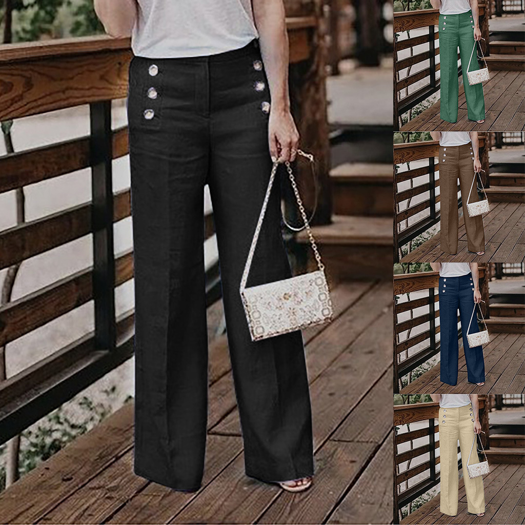 Women's High-Waisted Casual Cotton-Linen Wide-Leg Pants With Buttons photo 1