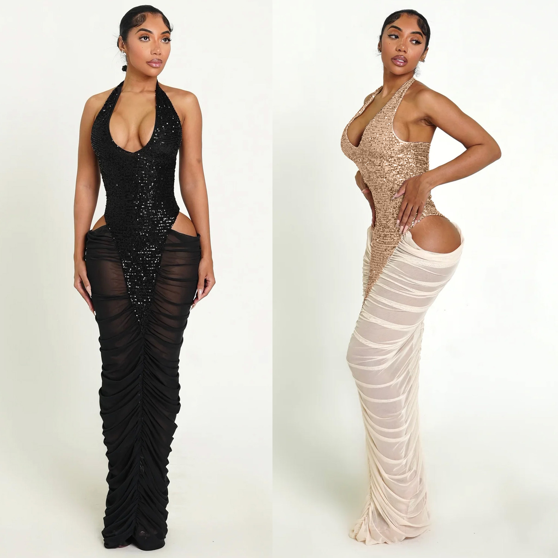 High-slit Mesh Panel Sequin Halter Gown photo 1
