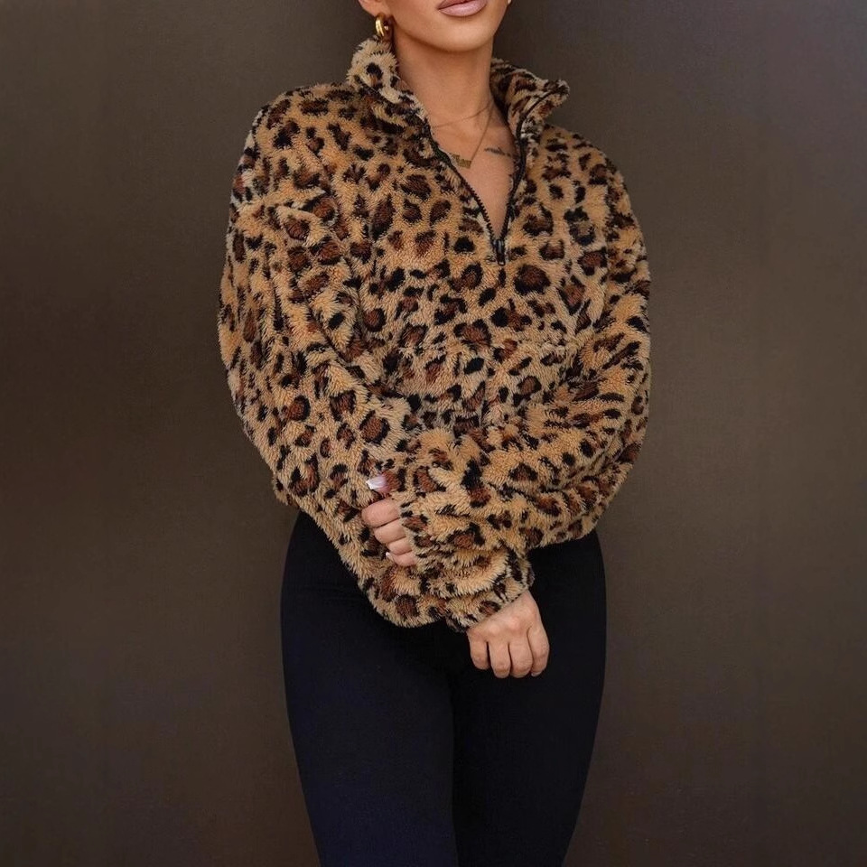 Leopard-print Faux Fur Short Jacket Hoodie For Women photo 1