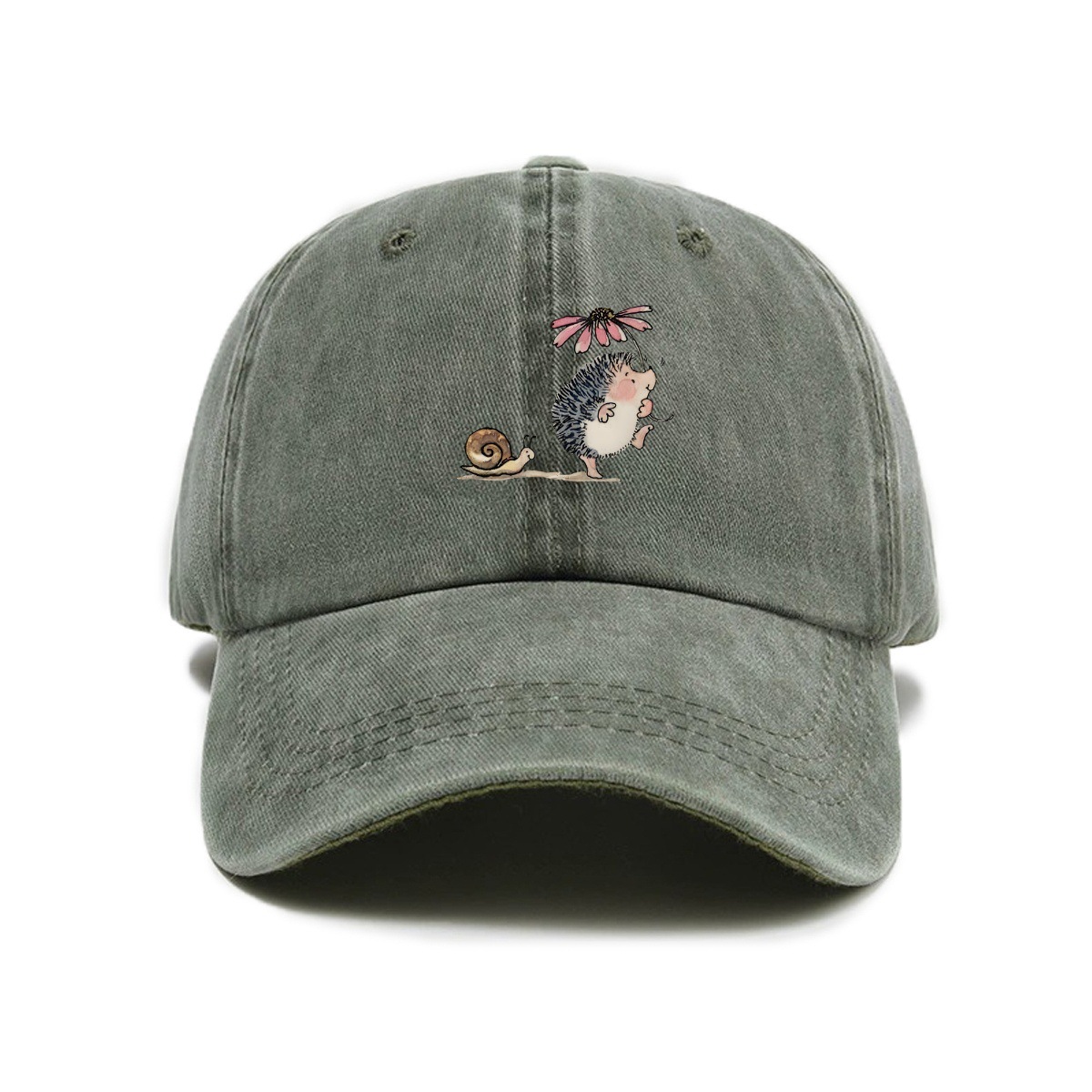 Simple Cartoon Hedgehog And Snail Print Washed Out Vintage Baseball Cap photo 3