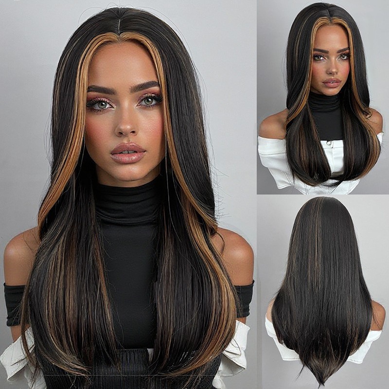 Womens Figure-8 Bangs Black-to-gray Ombre Long Straight Synthetic Hair photo 3