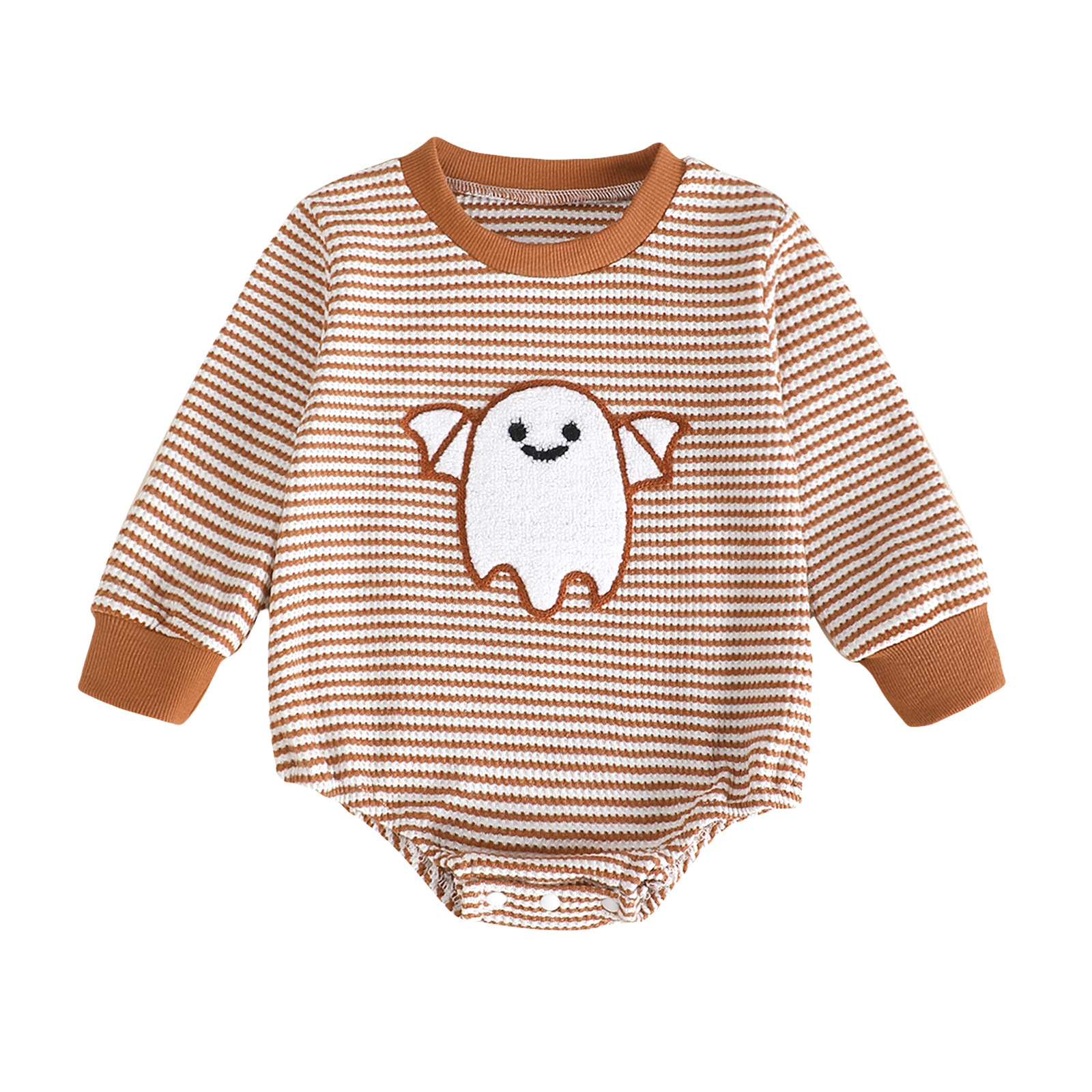 Baby Girl Waffle Knit Striped Long Sleeve Romper with Ghost Embroidery photo 2