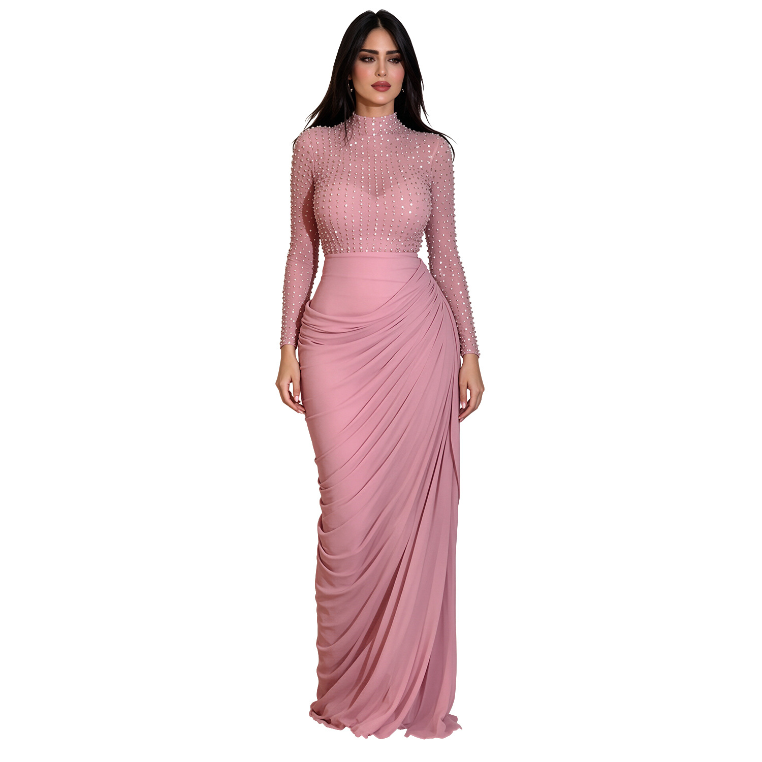 Mesh Long-sleeve Pleated Bodycon Sheath Dress photo 2