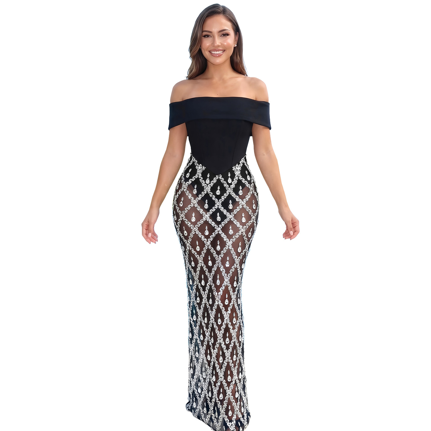Womens Off-shoulder Strapless Sequined Party Dress photo 6