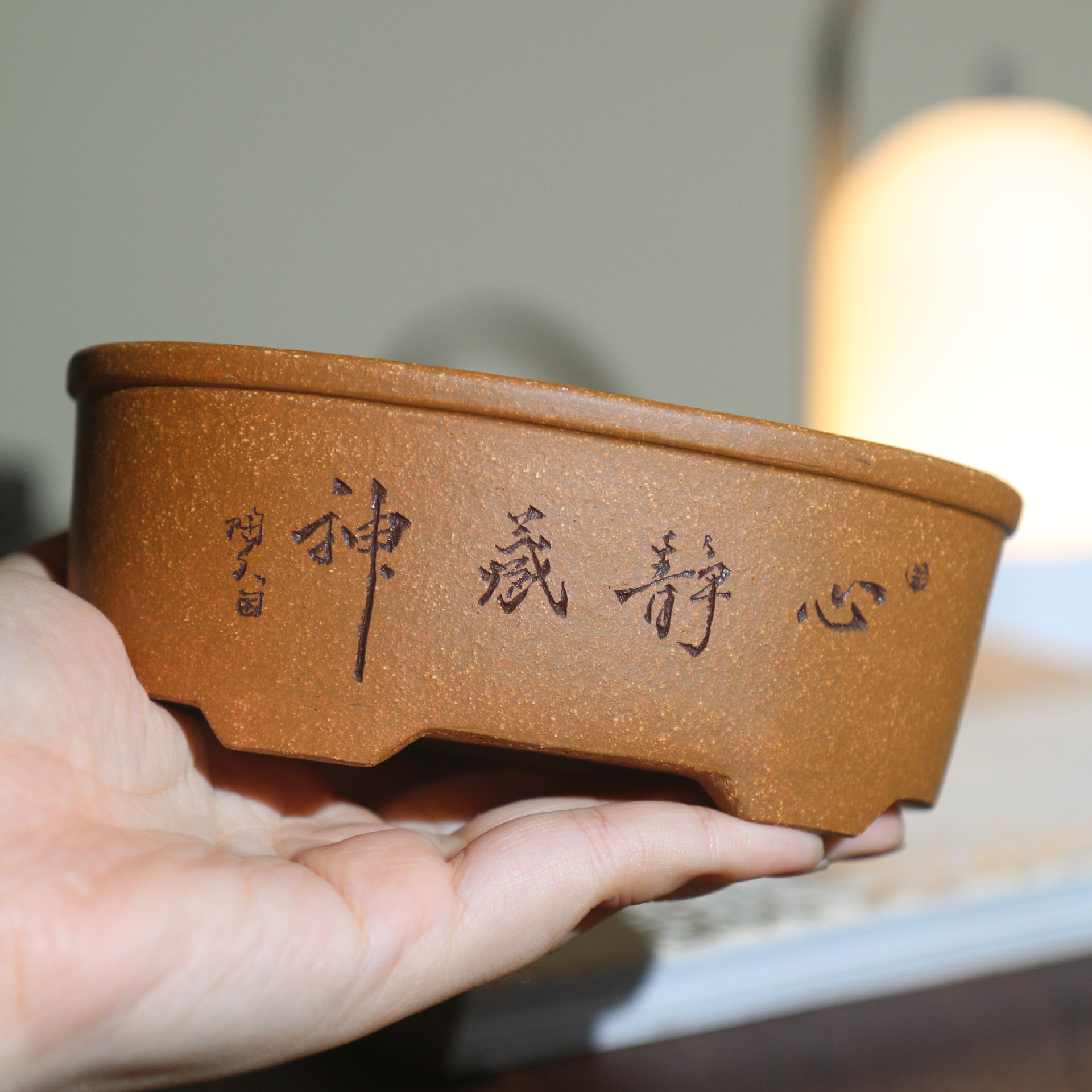 Oval Hand-engraved Dihua Clay Desktop Yixing Flower Pot photo 3