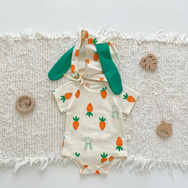 Baby Girl Bunny Short Sleeve Thin Hooded Triangle Romper Onesie Spring Clothes photo 6