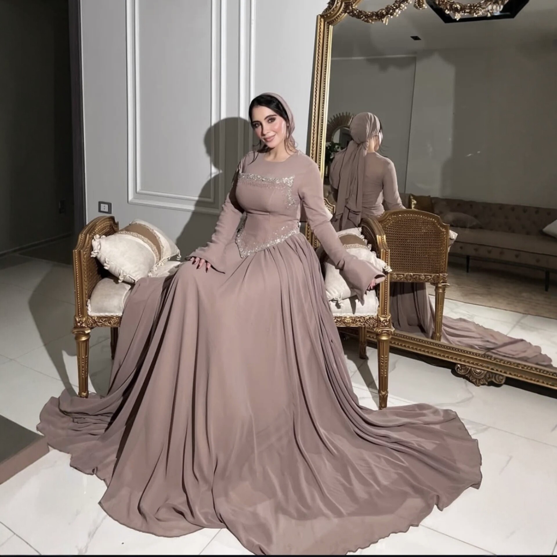Elegant Long-Sleeve Rhinestone-Embellished Evening Gown photo 5